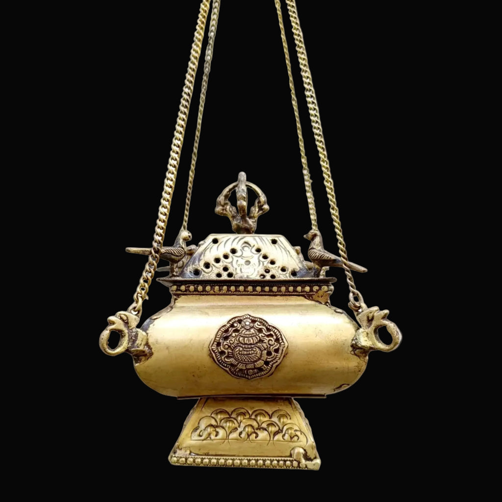 Tibetan Style Copper Incense Burner With Peacocks and Chains - L 42 cm x W 15 cm