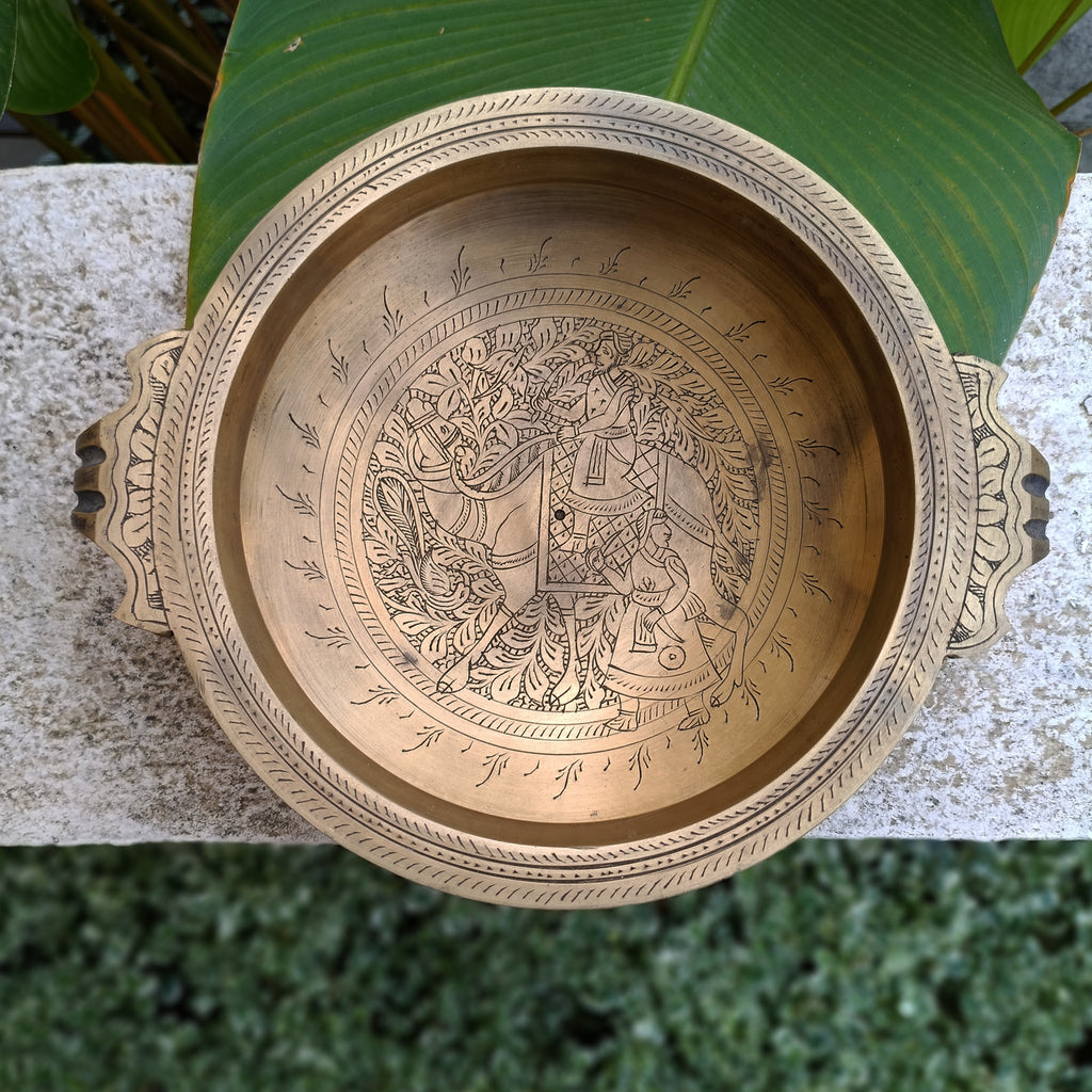 The Emperors Urli - Hand Engraved with A Majestic Camel And Mahout On Hunt. Diameter 25 cm x Ht 9 cm