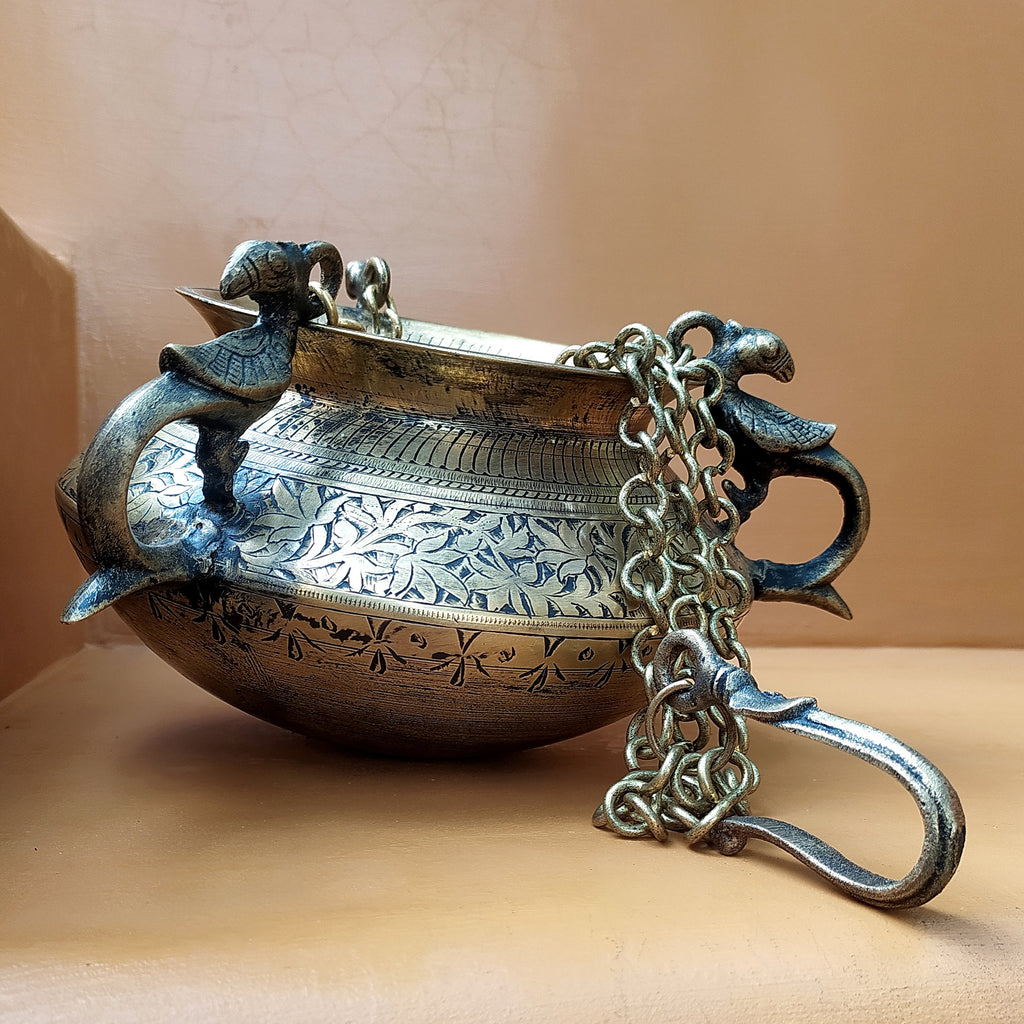 Vintage Hanging Brass Planter With 3 Peacock Handles. Length With Chain 88 cm x Diameter 17 cm