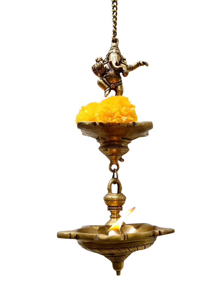Vintage Brass 2 Tier Ganesh Lamp With 9 Diyas- Length 77 cm