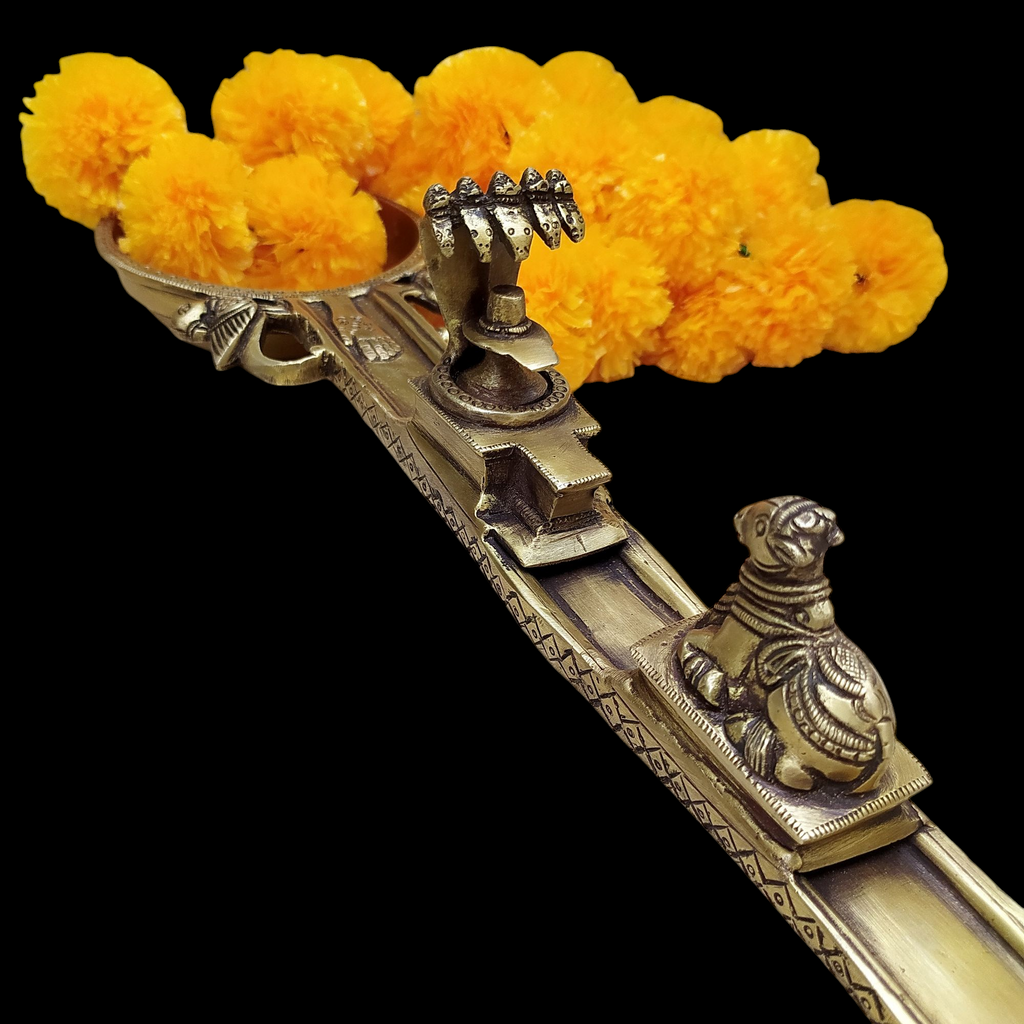 Majestic Brass Ritual Spoon or Uddharani with Nandi and Shiva Linga - L 59 cm x Ht 10 cm