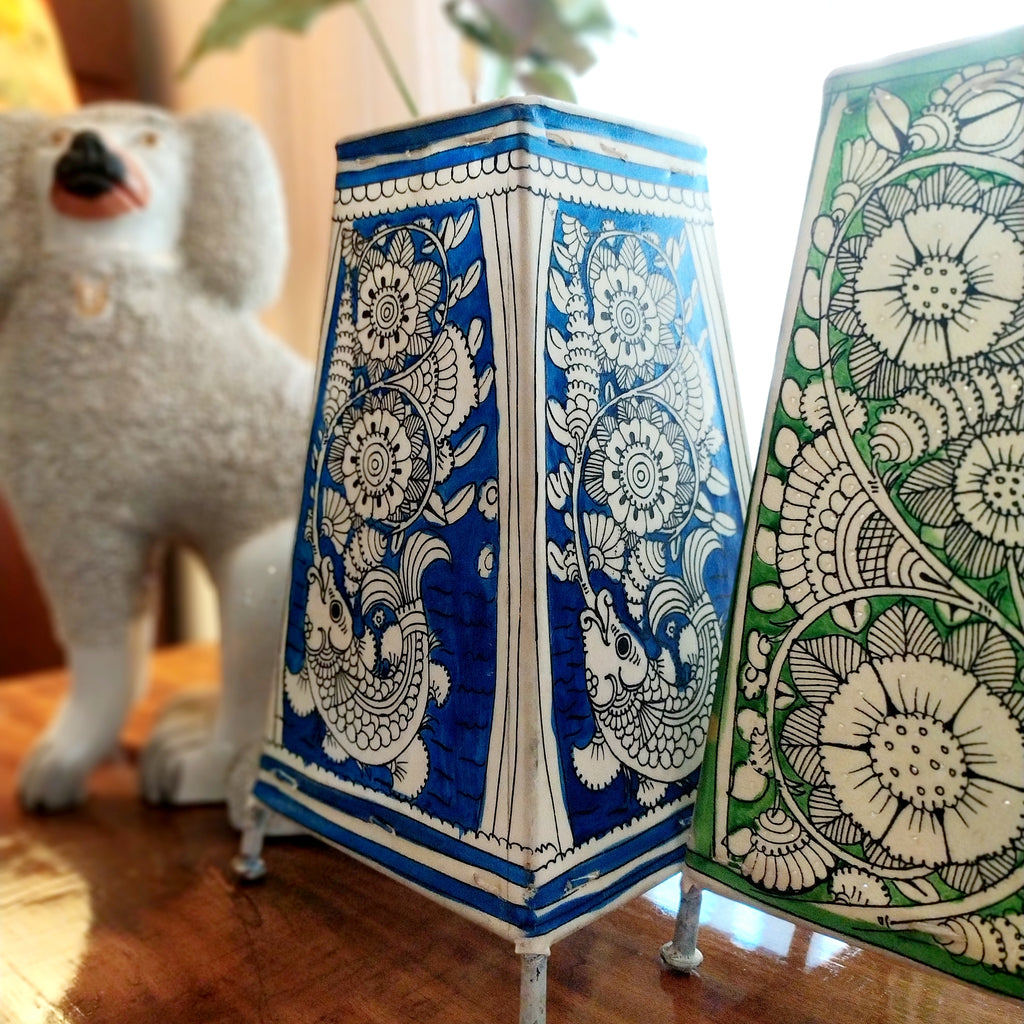 Pair Of Kalamkari Style Leather Lamps In Colours of Vibrant Green & Indigo Blue. Height 24 cm