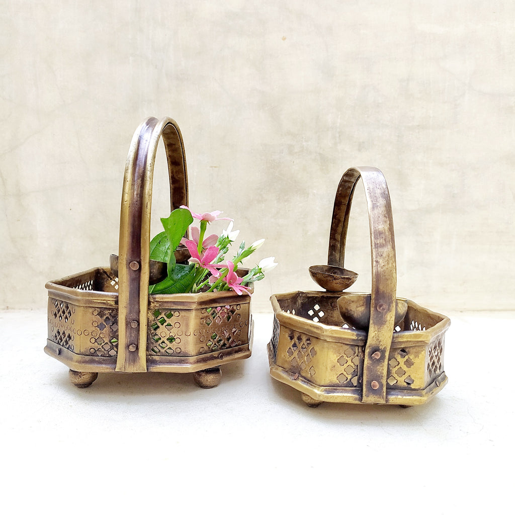 Pair Of Traditional Vintage Brass Flower Baskets, Poola Sajja, L 16 cm & 12 cm