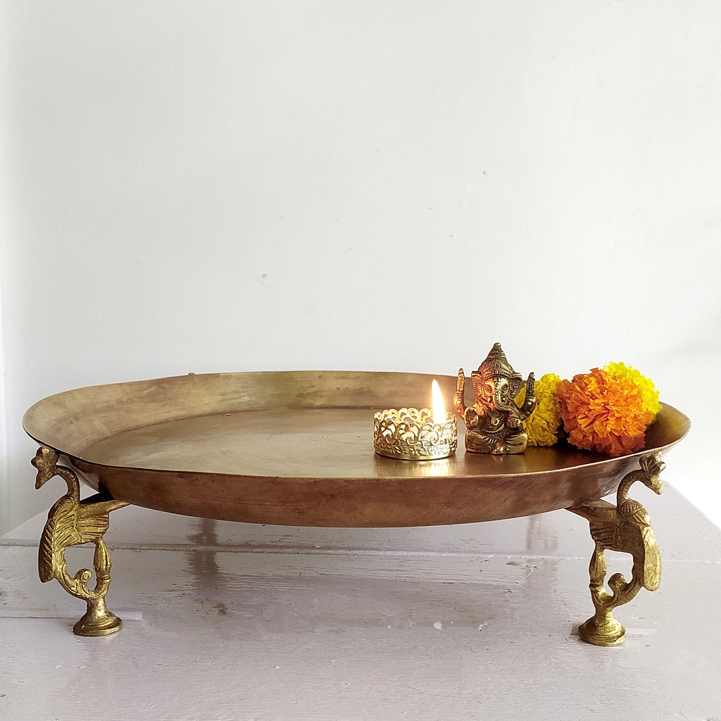 Vintage Brass Pooja Thaali | Fruit Bowl Handcrafted With 4 Peacock Legs - Diameter 34 cm x Height 8 cm