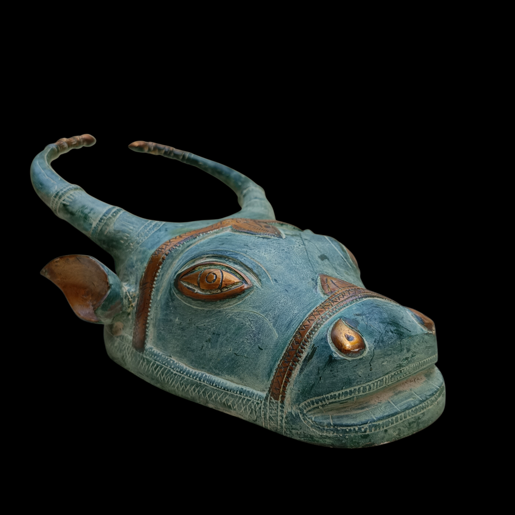 Majestic Brass Nandi Bull - Vahan Of Lord Shiva Crafted With A Rich Green Patina. Height 33 cm x Width 25 cm x Depth 12 cm