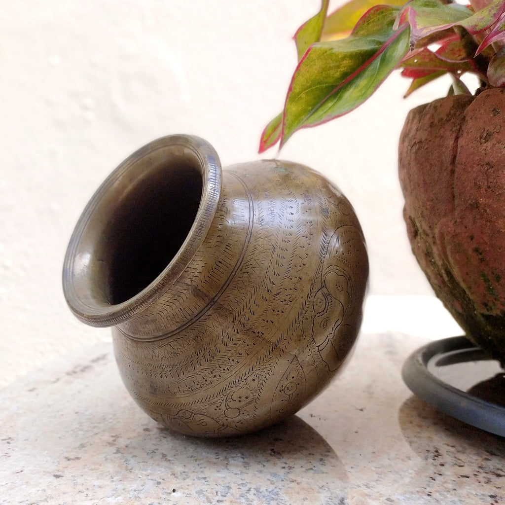 Vintage Brass Lota - Drinking Water Vessel Engraved With Elephants. Height 14 cm x Diameter 10 cm