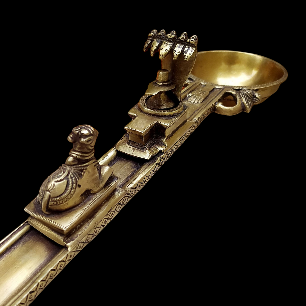 Majestic Brass Ritual Spoon or Uddharani with Nandi and Shiva Linga - L 59 cm x Ht 10 cm