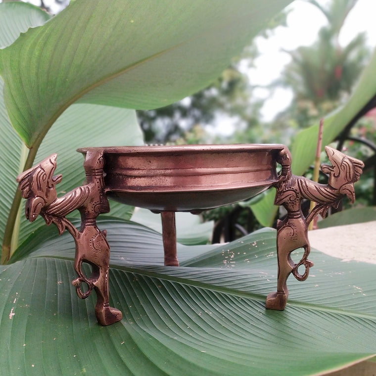 Traditional Brass Urli Handcrafted With 3 Mythical Yali Legs. Diameter 19 cm x Height 15 cm