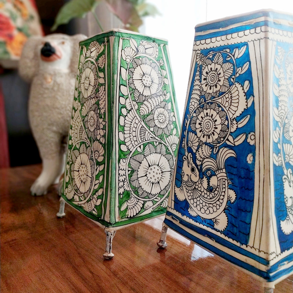 Pair Of Kalamkari Style Leather Lamps In Colours of Vibrant Green & Indigo Blue. Height 24 cm