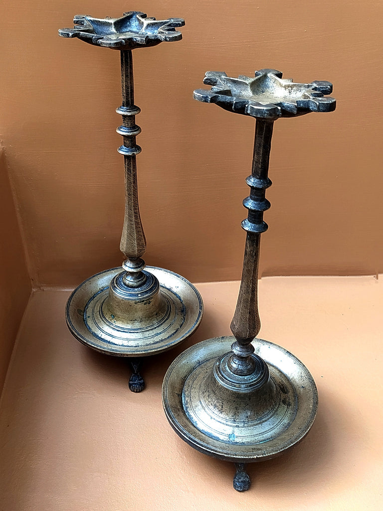 Vintage Pair Of Handcrafted Brass Vilakku Lamps, Height 32.5 & 33.5 cm x Diameter 10 cm