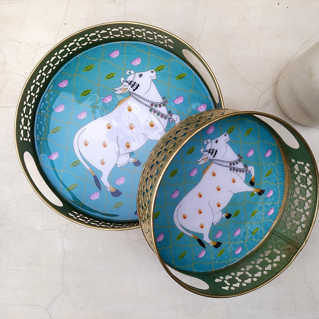 Pair Of Exquisite Round Metal Trays With Pichwai Art Of Nandi. Diameter 25 & 20 cm