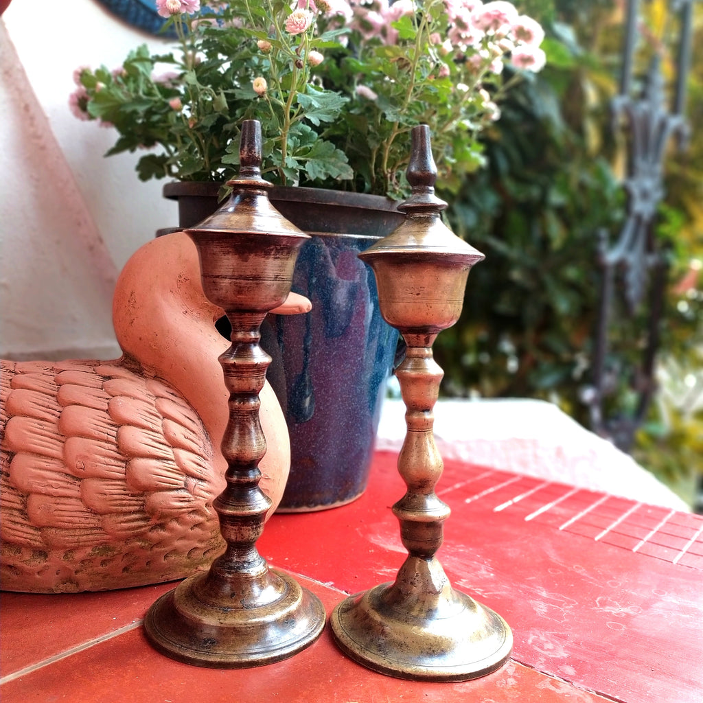 Vintage Pair Of Brass Oil & Wick Lamps. Height 24 cm x Diameter 9 cm