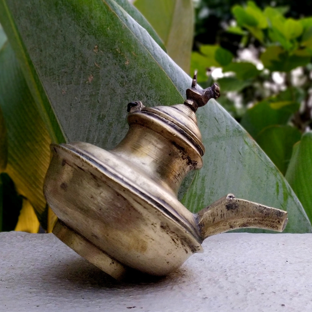 Vintage Brass Ghee Daan With Spout From South India, Ht 15 cm x Length 16 cm