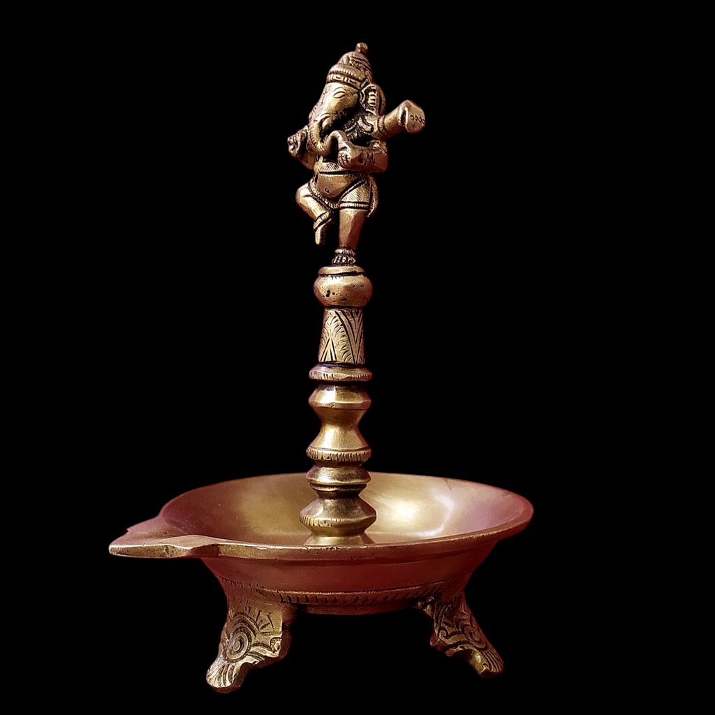 Majestic Brass Oil Lamp With Dancing Ganesha - Height 22 cm x Diameter 13