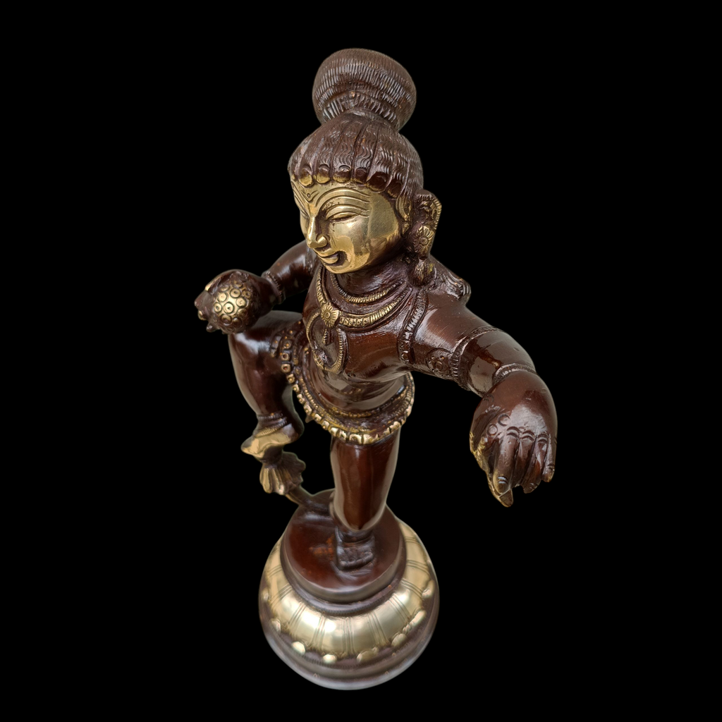 Brass Sculpture of Dancing Krishna Holding A Butter Ball . Height 28 cm x Width 16 cm