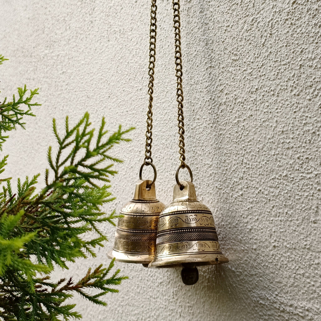 Exquisite Pair Of Brass Temple Bells With Chains. Length 45 cm x Dia 7 cm