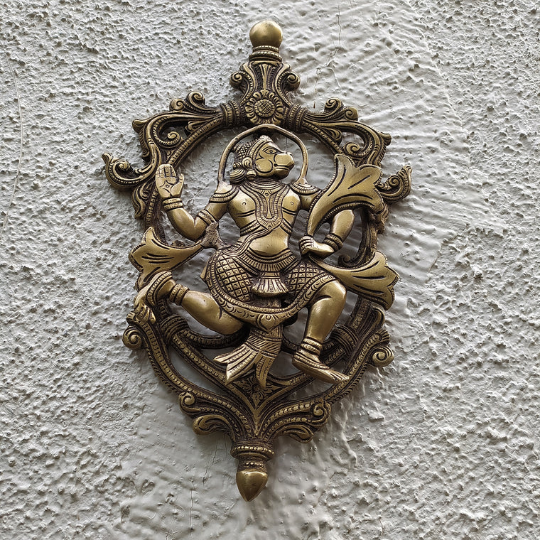 Majestic Handcrafted Brass Plaque of Hindu Diety Hanuman. Height 34 cm x Width 21 cm