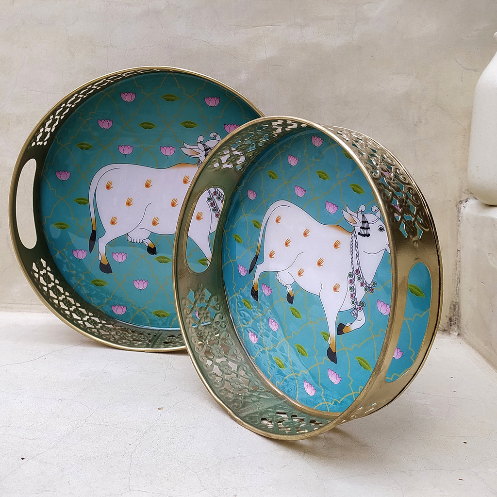 Pair Of Exquisite Round Metal Trays With Pichwai Art Of Nandi. Diameter 25 & 20 cm