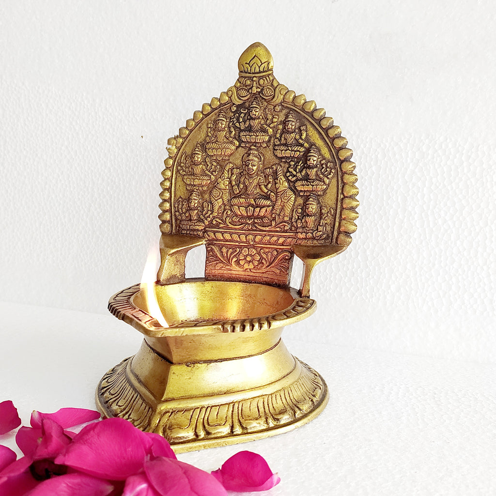 Traditional Ashtalakshmi Vilakku - Divine Brass Oil Lamp. Ht 18 cm x W 12 cm x L 14 cm
