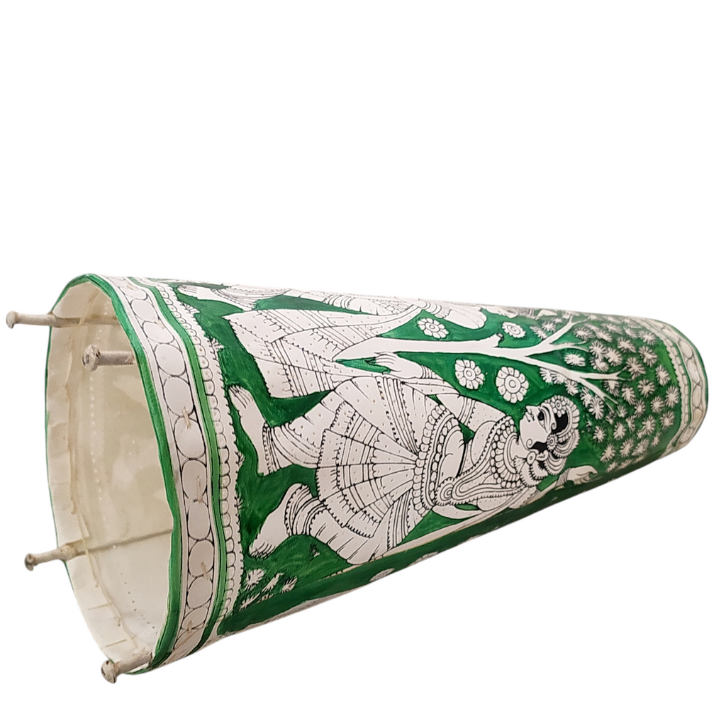 Kalamkari Style Leather Lampshade Depicting Radha Krishna In Colours of Vibrant Green & White. Height 44 cm