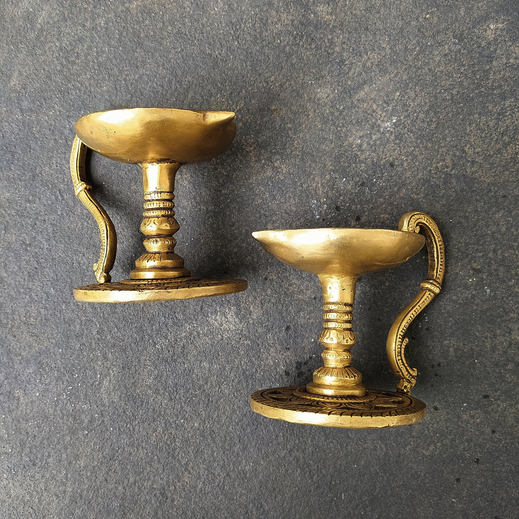 Pair Of Handcrafted Brass Lamps | Diyas  - Length 13.5 cm x Diameter 8.5 cm x Height 10 cm