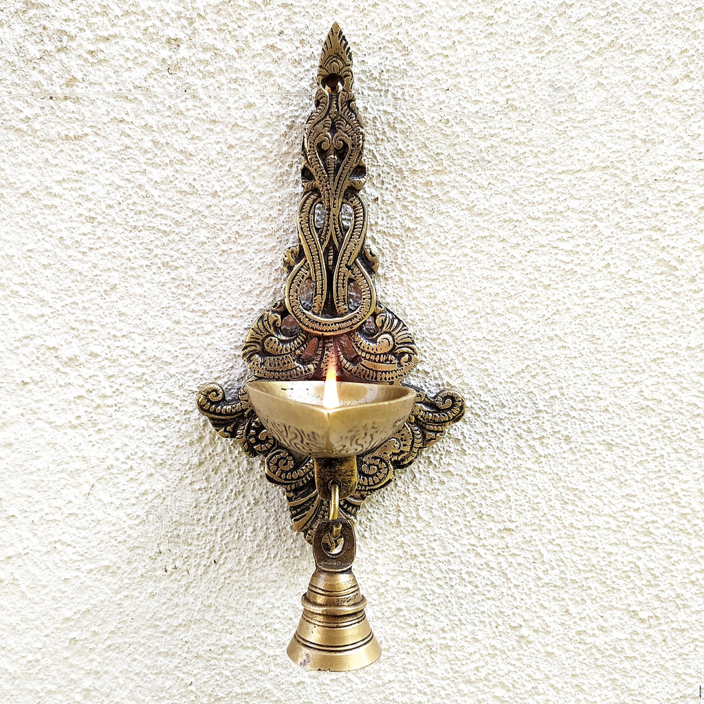 Brass Wall Hanging With Single Deepak | Diya & Brass Bell . Ht 29 cm x W 13 cm X Depth 10 cm