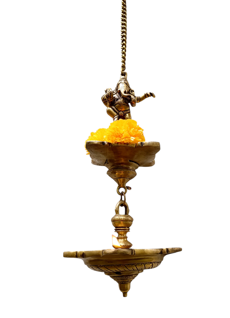 Vintage Brass 2 Tier Ganesh Lamp With 9 Diyas- Length 77 cm