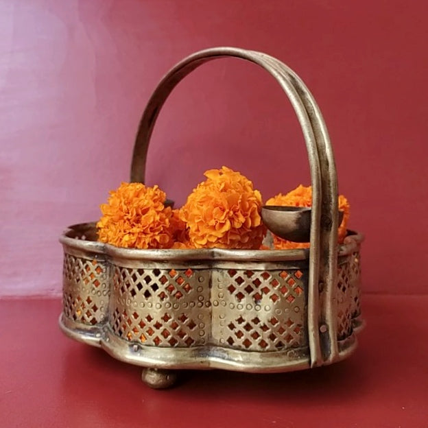 Poola Sajja - Traditional Vintage Brass Flower Basket For Worship. Length 31 cm x Width 25 cm x Height 24 cm