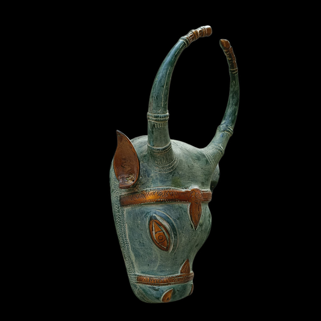 Majestic Brass Nandi Bull - Vahan Of Lord Shiva Crafted With A Rich Green Patina. Height 33 cm x Width 25 cm x Depth 12 cm