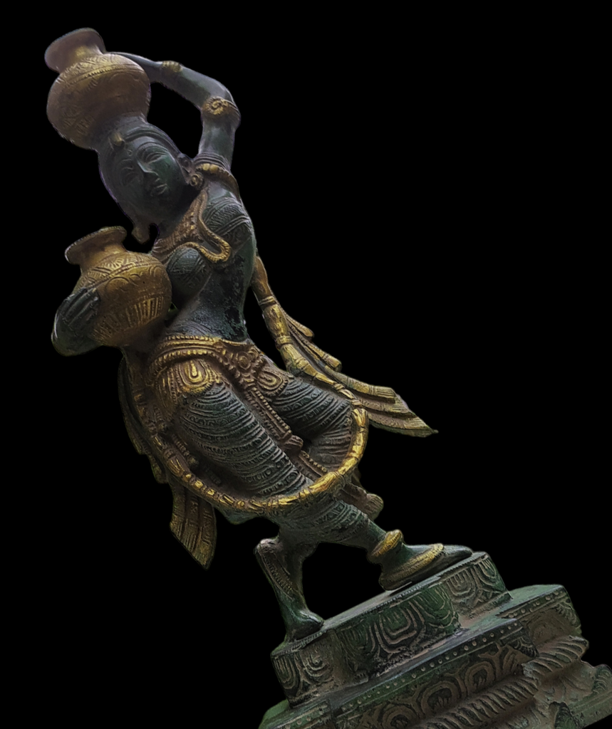 Statue Of Village Woman Holding Water Vessels Crafted In Brass With A  Green & Gold Patina. Height 38 cm