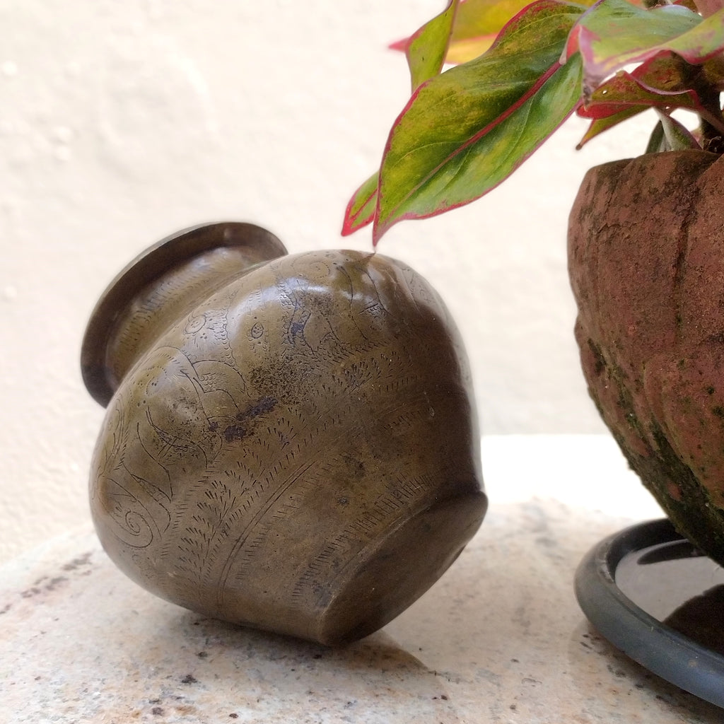 Vintage Brass Lota - Drinking Water Vessel Engraved With Elephants. Height 14 cm x Diameter 10 cm