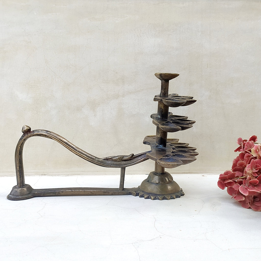 Vintage Brass Maha Arti | Prayer Lamp With 17 Diyas - Ht 20 cm x Length 30 cm