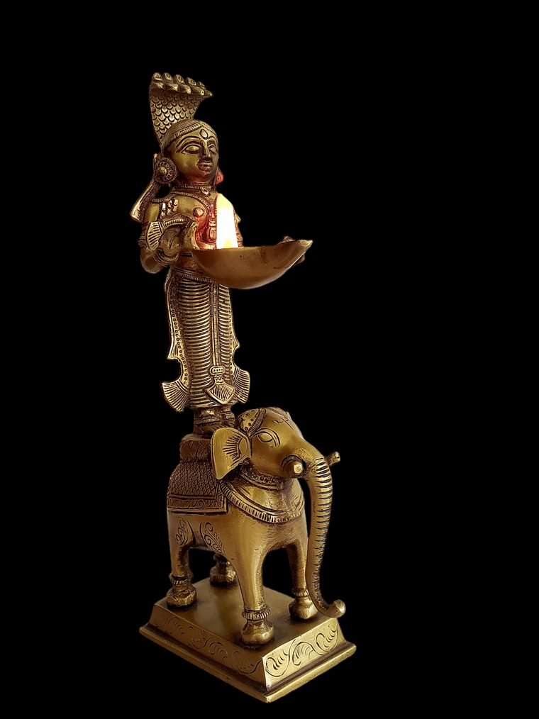 Magnificent Brass Sculpture Of Deep Lakshmi Standing On An Elephant . Height 30 cm