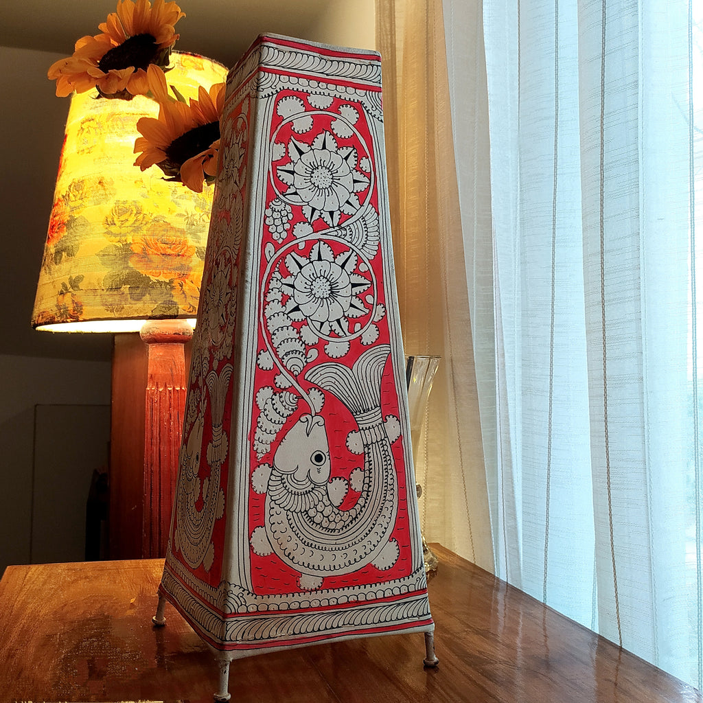 Kalamkari Craft Leather Lampshade With Mythological Fish Figures In Red & White Theme. Height 44 cm