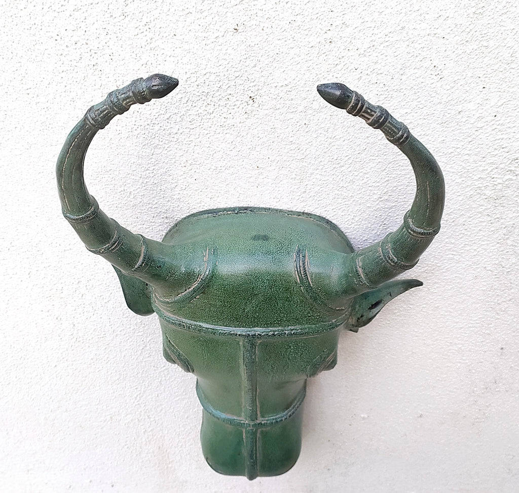 Majestic Brass Nandi Bull - Vahan Of Lord Shiva Crafted With A Rich Green Patina. Height 45 cm x Width 25 cm x Depth 11 cm