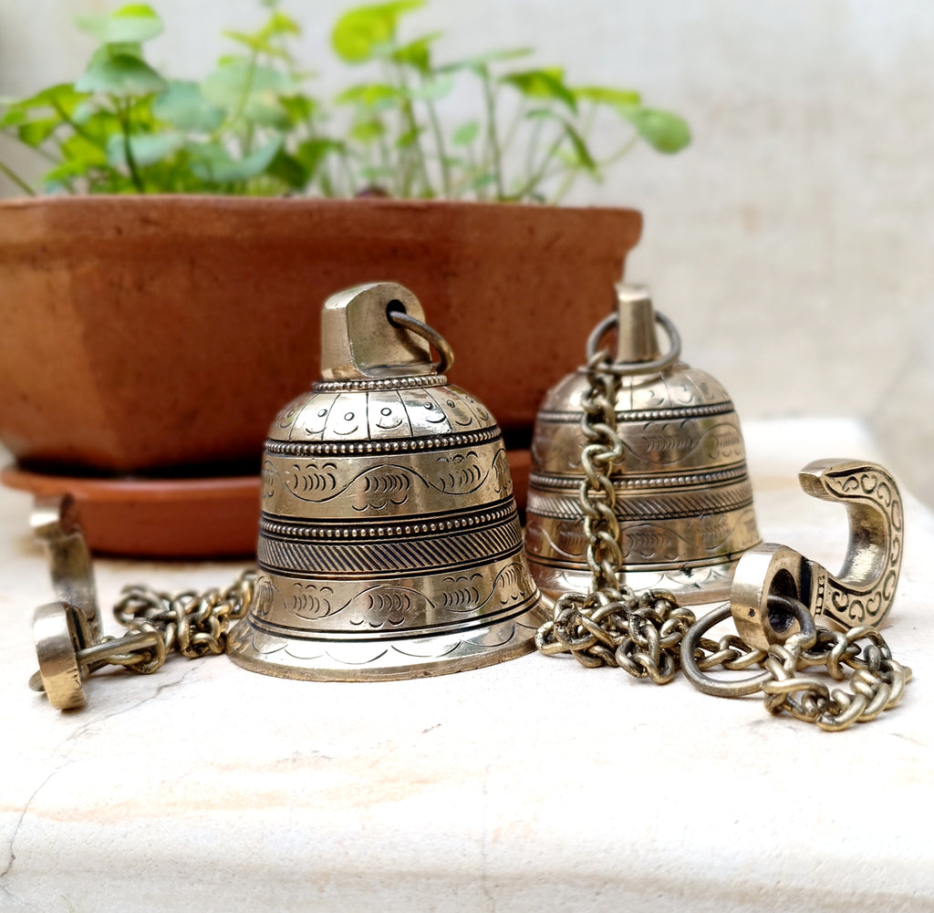 Exquisite Pair Of Brass Temple Bells With Chains. Length 45 cm x Dia 7 cm