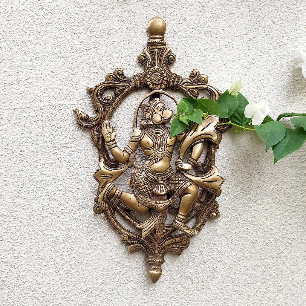Majestic Handcrafted Brass Plaque of Hindu Diety Hanuman. Height 34 cm x Width 21 cm