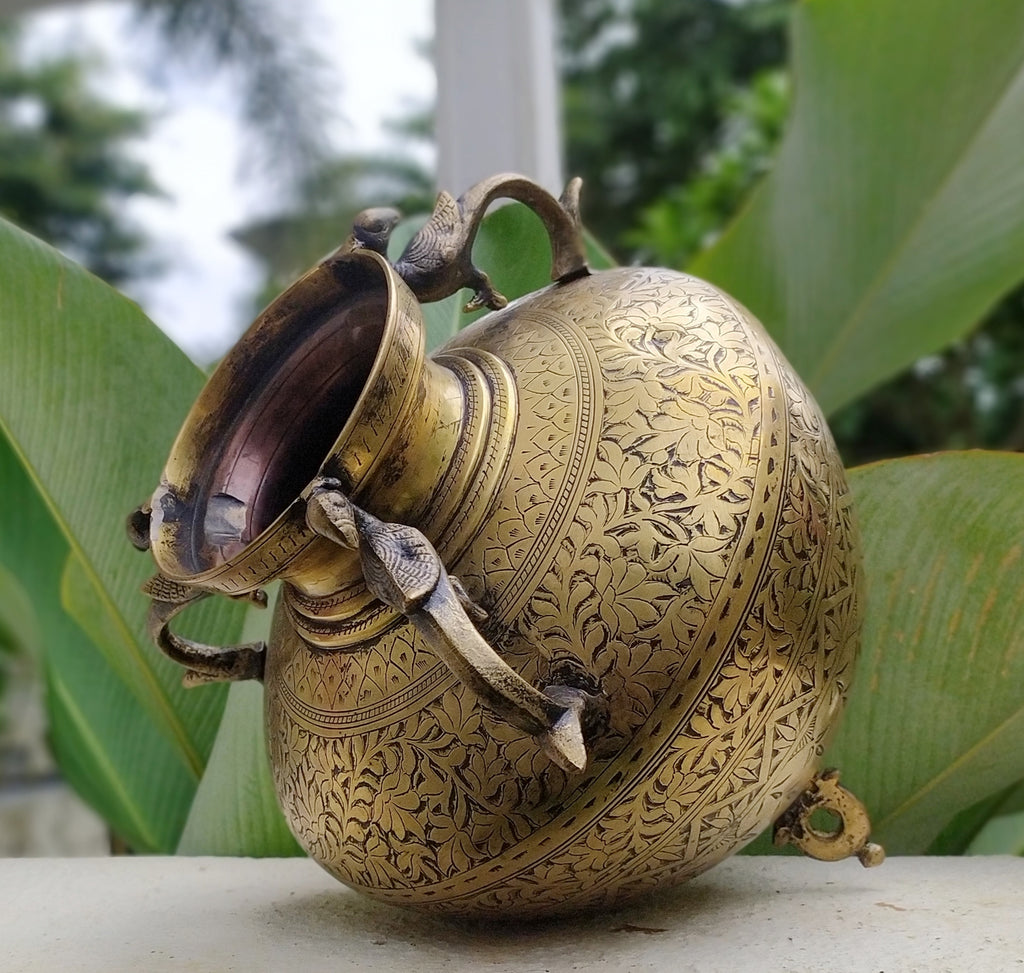 Divine Kalasha Shaped Vintage Brass Planter With 3 Peacock Handles, Ht 29 cm x Diameter 13 cm