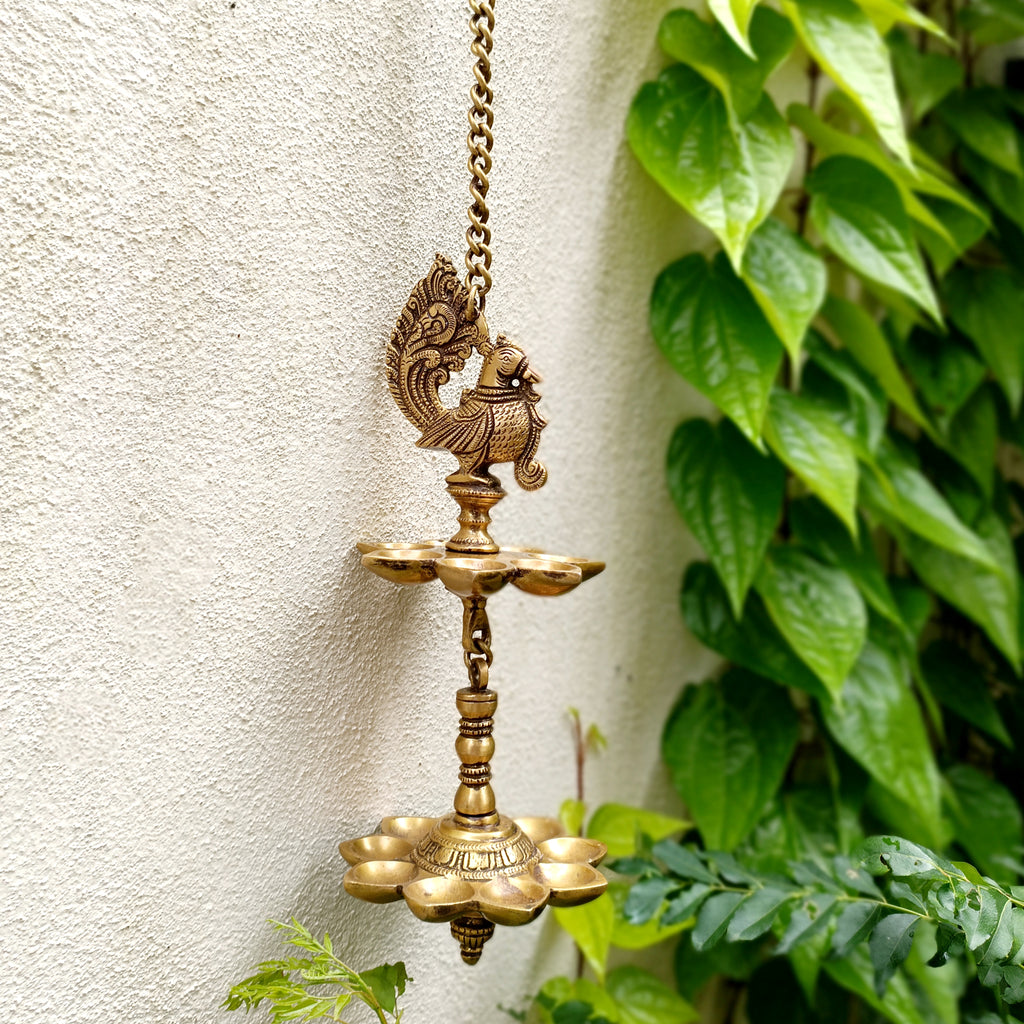Vintage Two Tiered Brass Lamp of The Mythical Hamsa With 16 Diyas. Length 70 cm