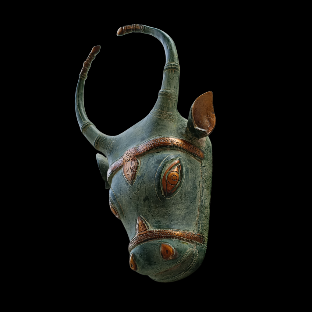 Majestic Brass Nandi Bull - Vahan Of Lord Shiva Crafted With A Rich Green Patina. Height 33 cm x Width 25 cm x Depth 12 cm