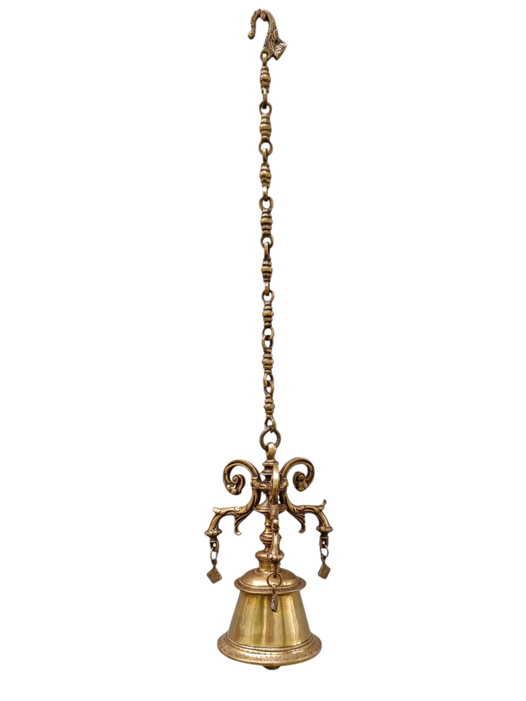 Magnificent Brass Temple Bell On Chain. Length 77 cm x Diameter Of Bell 12.5 cm