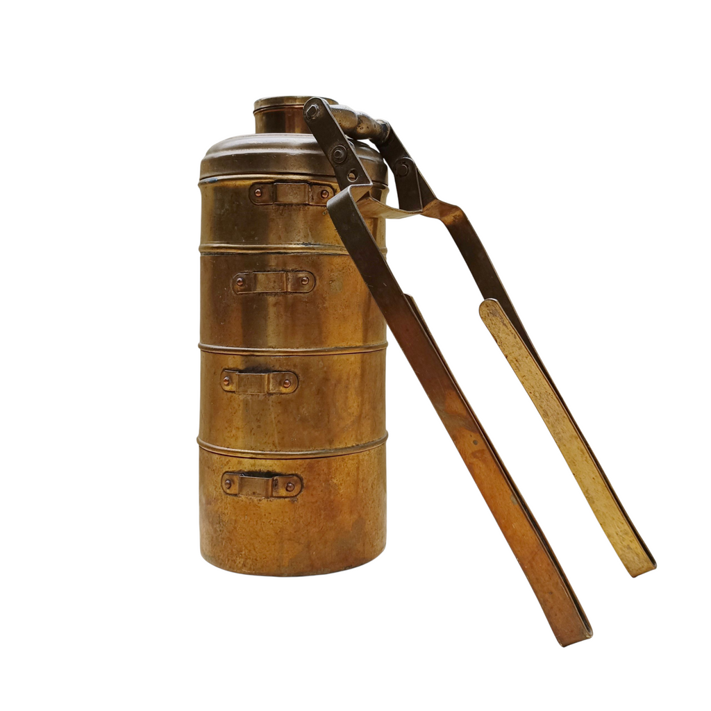 Vintage Brass Tiffin With 4 Containers. Height 42 cm x Diameter 14 cm