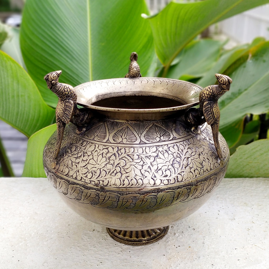 Vintage Brass Planter With 3 Peacock Handles Hand Engraved With Floral Motifs. Ht 22 cm x Dia 16 cm