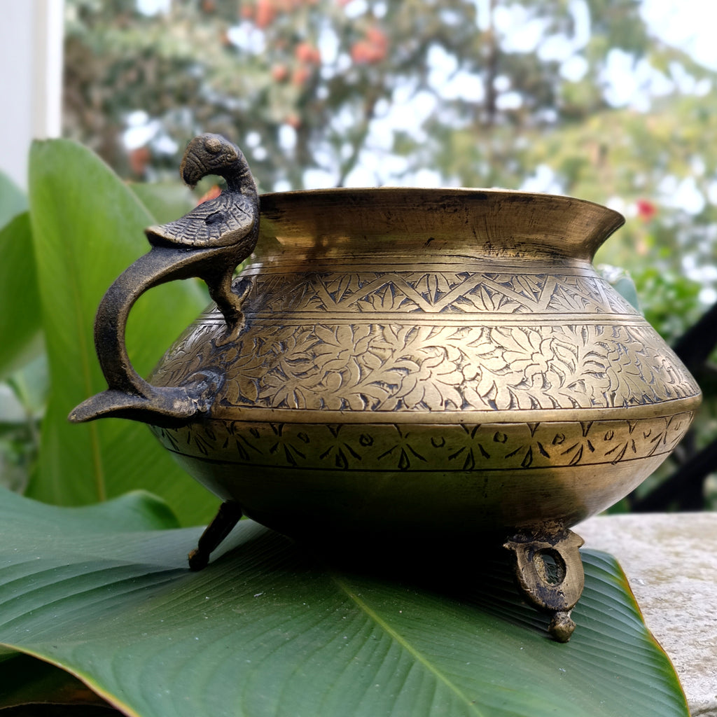 Vintage Brass Planter With Peacock Handles Hand Engraved With Floral Motifs. Height 19 cm x Diameter 18 cm