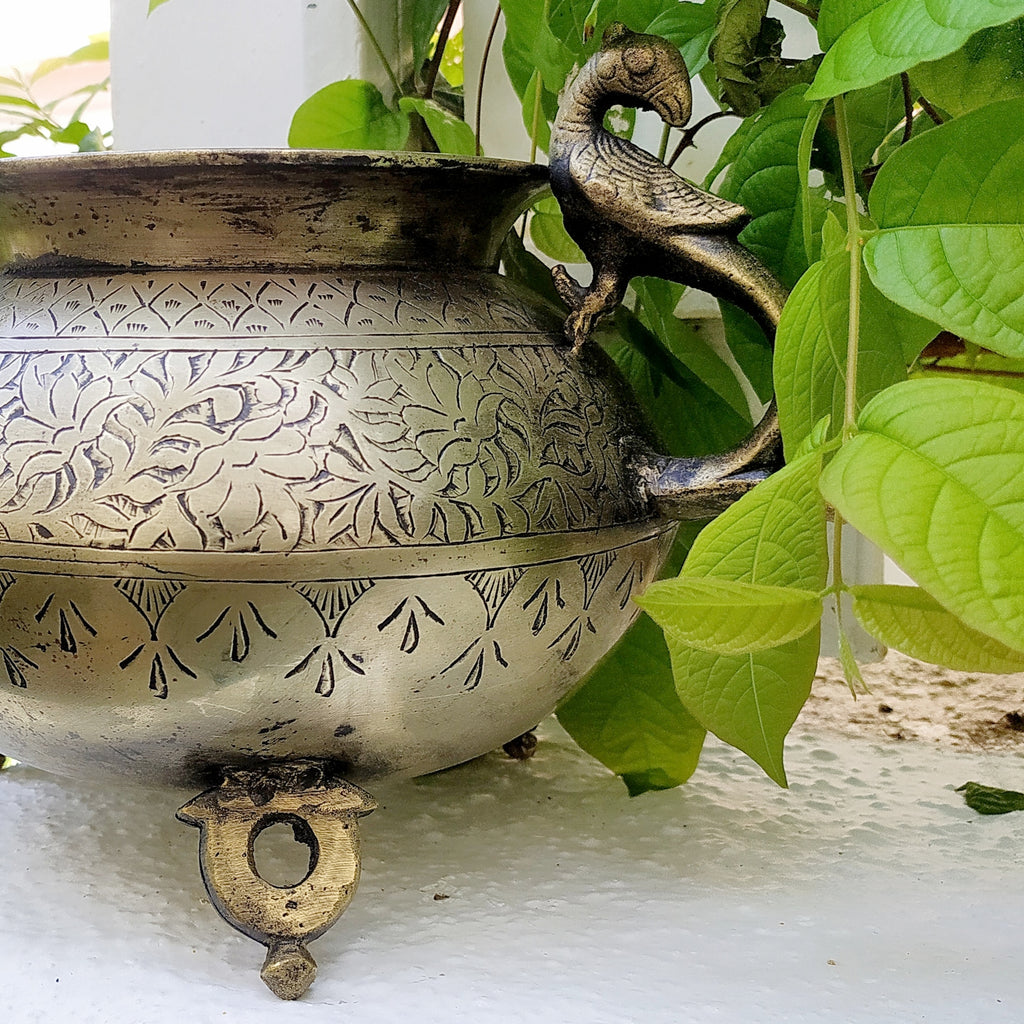 Vintage Hanging Brass Planter With 3 Peacock Handles. Length With Chain 89 cm x Diameter 16 cm