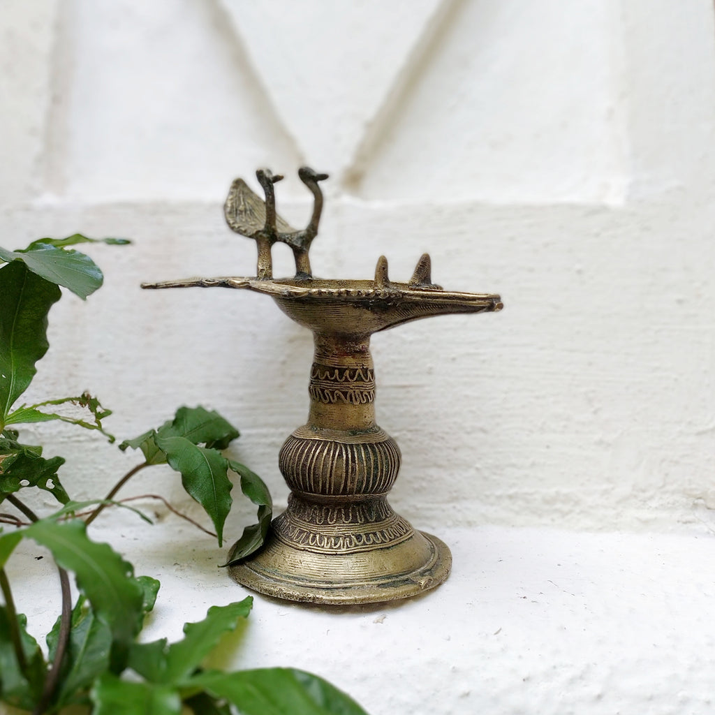 Vintage Odhisa Tribal Dhokra Brass Oil Lamp With Peacocks. L 14.5 cm x Ht 17 cm x Width 12.5 cm