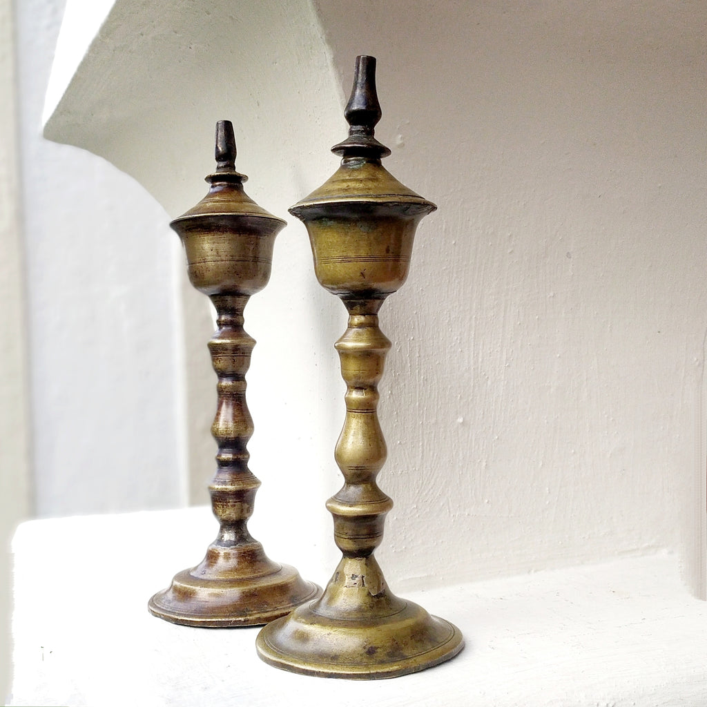 Vintage Pair Of Brass Oil & Wick Lamps. Height 24 cm x Diameter 9 cm