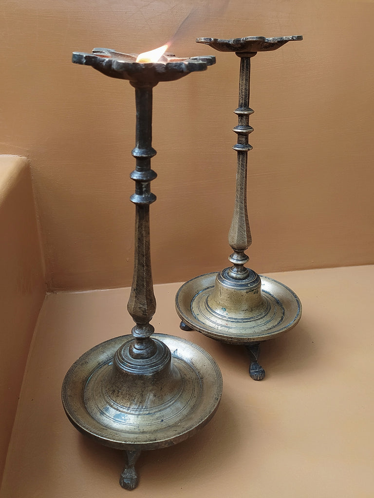 Vintage Pair Of Handcrafted Brass Vilakku Lamps, Height 32.5 & 33.5 cm x Diameter 10 cm