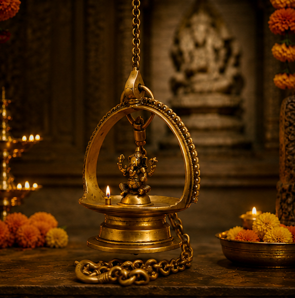 Divine Brass Lamp Of Lord Ganesha, Length 93 cm, Religious Home Decor