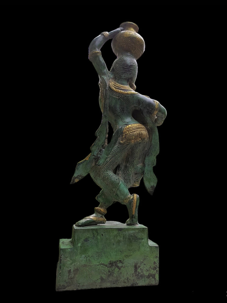 Village Woman Carrying Water Pots Handcrafted In Brass With A  Green & Gold Patina. Height 38 cm